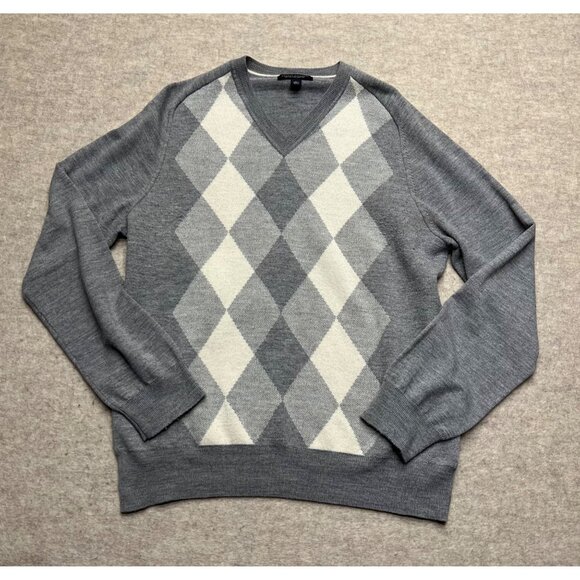 Banana Republic Merino Wool Argyle V-neck Sweater Large Office Preppy Grey - Picture 1 of 9